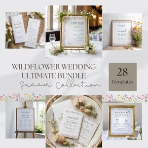 May include: A collection of wedding stationery and signage featuring floral designs. Includes invitation cards, welcome signs, bar menus, and seating charts. The text includes "Sophia Elliot", "The Bar", and "Signature Cocktails". The overall theme is a wildflower wedding.