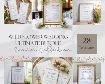 Summer Wildflower Wedding Reception Bundle | Whimsical Floral Invitation Suite | Canva Template | Full Flower Wedding Set QR Code | 002