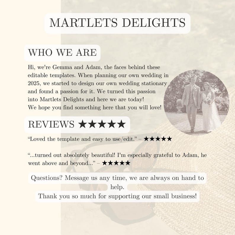 May include: Cream-colored graphic with the text "MARTLETS DELIGHTS" at the top. The text describes the business, reviews, and a photo of a couple. The text includes the phrase "editable templates" and "wedding stationary".