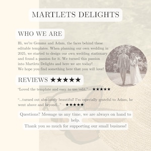 Puede incluir: Gr&aacute;fico color crema con el texto "MARTLETS DELIGHTS" en la parte superior. El texto describe el negocio, sus fundadores y las rese&ntilde;as de los clientes. Una foto de una pareja est&aacute; en el fondo.