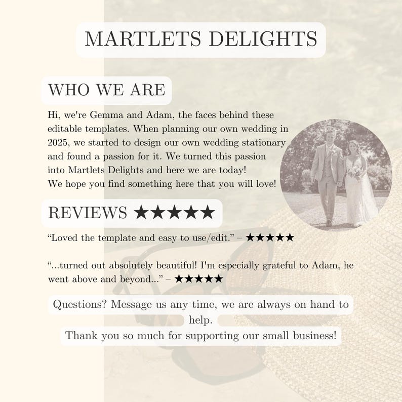 Puede incluir: Gr&aacute;fico color crema con el texto "MARTLETS DELIGHTS" en la parte superior. El texto describe el negocio, sus fundadores y las rese&ntilde;as de los clientes. Una foto de una pareja est&aacute; en el fondo.