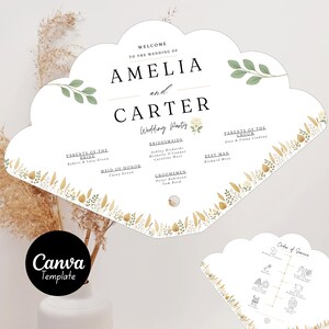 May include: A white wedding fan with a cloud-like shape, featuring the names "Amelia and Carter" and wedding party details. The design includes floral and botanical accents, with the text "Canva Template" on a black circle.