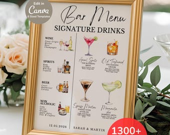 Bar Menu Wedding Template | Signature Cocktail Menu | Instant Download | Bride and Groom Drinks Sign for Reception | Editable Canva Bar Sign