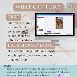 May include: A computer monitor displays a design interface with editable text and background image options. Text on the screen includes "WHAT CAN I EDIT", "TEXT", and "BACKGROUND IMAGE". The image also shows instructions on how to edit the design.