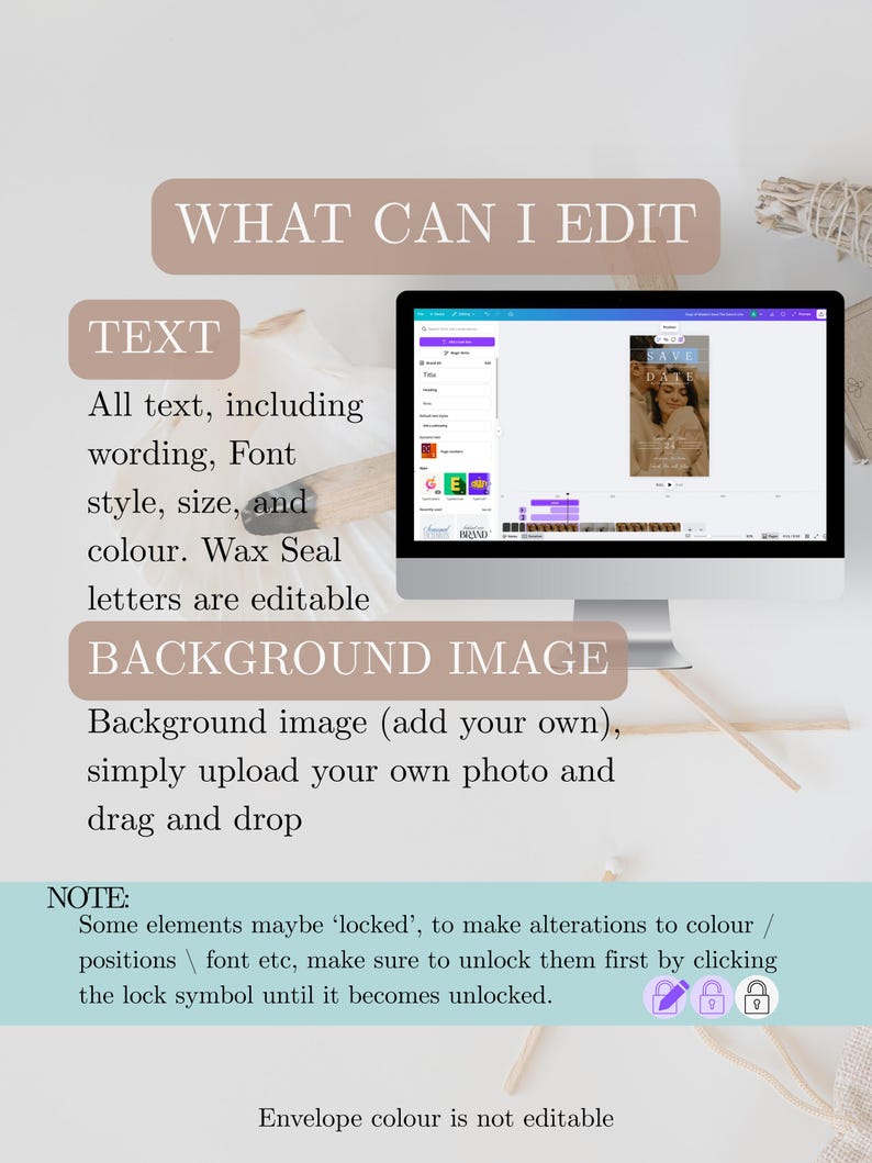 May include: A computer monitor displays a design interface with editable text and background image options. Text on the screen includes "WHAT CAN I EDIT", "TEXT", and "BACKGROUND IMAGE". The image also shows instructions on how to edit the design.