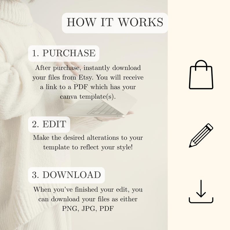 May include: An infographic titled "HOW IT WORKS" with steps for purchasing, editing, and downloading files. The steps are numbered and include text instructions. Icons of a shopping bag, pencil, and download arrow are also present.