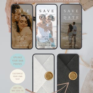 Puede incluir: Colecci&oacute;n de dise&ntilde;os digitales de invitaciones de boda mostrados en smartphones. Los dise&ntilde;os presentan el texto "Save the Date" con fotos de parejas, fechas y lugares. Dise&ntilde;os adicionales muestran iniciales de sellos de cera e instrucciones de edici&oacute;n.
