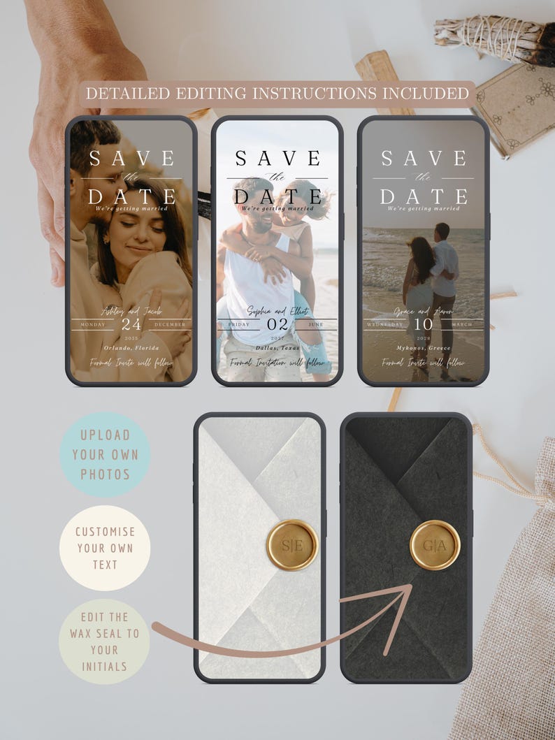 Puede incluir: Colecci&oacute;n de dise&ntilde;os digitales de invitaciones de boda mostrados en smartphones. Los dise&ntilde;os presentan el texto "Save the Date" con fotos de parejas, fechas y lugares. Dise&ntilde;os adicionales muestran iniciales de sellos de cera e instrucciones de edici&oacute;n.