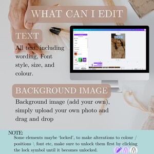Puede incluir: Un monitor de ordenador muestra una interfaz de dise&ntilde;o con texto: "WHAT CAN I EDIT", "TEXTO", "IMAGEN DE FONDO" y "NOTA". La pantalla muestra un dise&ntilde;o de invitaci&oacute;n de boda. La imagen tambi&eacute;n incluye una mano y otros objetos.