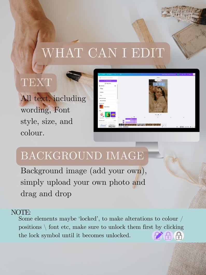 Puede incluir: Un monitor de ordenador muestra una interfaz de dise&ntilde;o con texto: "WHAT CAN I EDIT", "TEXTO", "IMAGEN DE FONDO" y "NOTA". La pantalla muestra un dise&ntilde;o de invitaci&oacute;n de boda. La imagen tambi&eacute;n incluye una mano y otros objetos.