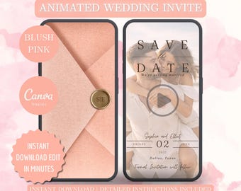 Blush Pink Animated Save The Date Video Invitation, Wedding Date, DIY Canva Template Design, Celebration Invite,E-vite, Dusty, Wedding MP4
