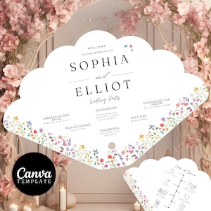 May include: A white wedding fan with floral accents and the names "Sophia and Elliot" printed in elegant black script. The fan includes the wedding party details and the Canva Template logo.