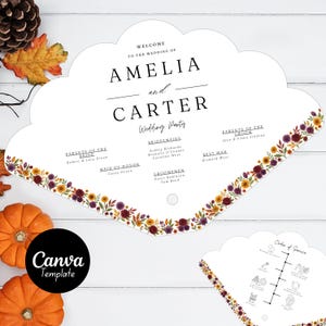 May include: A white wedding program fan with a floral border, featuring the names Amelia and Carter. The program includes the wedding party details and the text "Welcome to the Wedding of". A Canva template is visible.