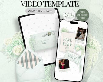 Floral Save the Date Animated Video: Mint Green Wedding Invitation Template, Editable Canva Video Invite, Instant Download Sage Pastel