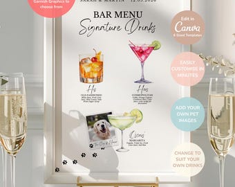 Pet Signature Drink Bar Menu Template | Custom Dog Cat Cocktail Sign | Editable Canva Wedding Bar Sign | His & Hers Drink Menu | Watercolor