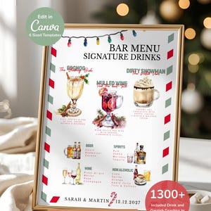 May include: A framed bar menu with the text "BAR MENU SIGNATURE DRINKS". The menu features watercolor illustrations of cocktails, beer, wine, and spirits. The menu includes the text "SARAH & MARTIN 12.12.2027" and "COMES PORTRAIT AND LANDSCAPE SIZES".