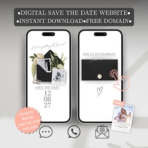 Puede incluir: Dos smartphones que muestran diseños de invitaciones de boda. El primero muestra un sobre negro con fotos y texto, el segundo un sobre negro con un corazón y una foto extra. El texto incluye "SITIO WEB DE GUARDAR LA FECHA DIGITAL" y "DESCARGA INSTANTÁNEA DOMINIO GRATUITO."