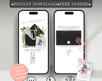 May include: Two smartphones displaying wedding invitation designs. The first shows a black envelope with photos and text, the second a black envelope with a heart and bonus photo. Text includes "DIGITAL SAVE THE DATE WEBSITE" and "INSTANT DOWNLOAD FREE DOMAIN."