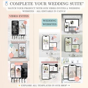 May include: A promotional image showcasing wedding invitation templates, including video invites and wedding websites. The image features mockups of smartphones and laptops displaying various designs. Text includes "COMPLETE YOUR WEDDING SUITE" and "EXPLORE ALL TEMPLATES IN OUR SHOP".