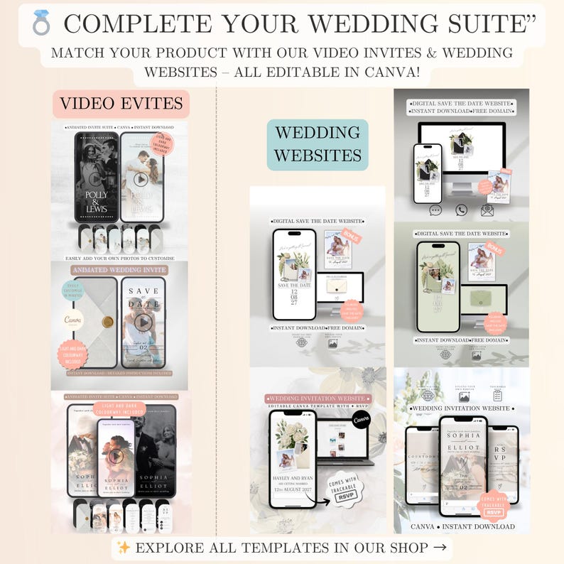May include: A promotional image showcasing wedding invitation templates, including video invites and wedding websites. The image features mockups of smartphones and laptops displaying various designs. Text includes "COMPLETE YOUR WEDDING SUITE" and "EXPLORE ALL TEMPLATES IN OUR SHOP".