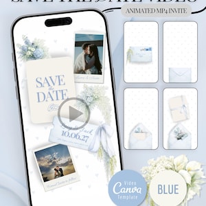 May include: A digital wedding invitation design on a smartphone screen. The design includes the text "SAVE THE DATE VIDEO" and "ANIMATED MP4 INVITE". The invitation features photos, floral accents, and the names "Lucy & Jack" with the date "10.06.27".
