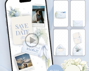 Dusty Blue Floral Save The Date Video Template, Editable Canva Wedding Invite, Instant Download, Animated Boho Digital