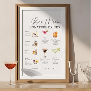 May include: A framed bar menu print with the text "Bar Menu Signature Drinks." The menu features watercolor illustrations of cocktails, wine, and spirits. Two empty wine glasses and a cocktail glass are in the foreground.