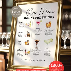 May include: A gold-framed bar menu sign displaying signature drinks, such as wine, spirits, beer, and non-alcoholic beverages. The sign features cocktail illustrations and the text "Bar Menu Signature Drinks". Includes the date 12.05.2026 and names Sarah & Martin.