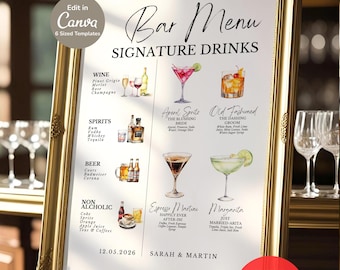 Menù cocktail esclusivo / Modello di menù per bar per matrimoni / Cartello per bevande per sposi e ricevimenti / Cartello per bar Canva modificabile / Personalizzabile