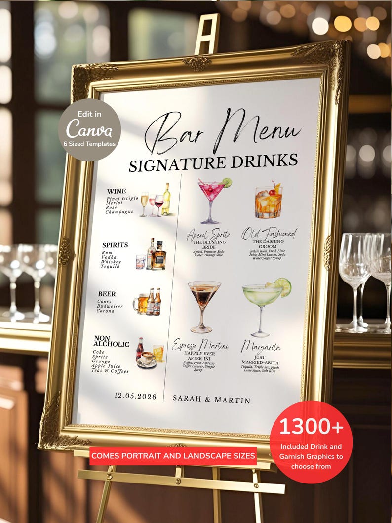 May include: A gold-framed bar menu sign with signature drinks, including wine, spirits, beer, and non-alcoholic options. The sign features illustrations of cocktails and the text "Bar Menu Signature Drinks". Includes the date 12.05.2026 and names Sarah & Martin.