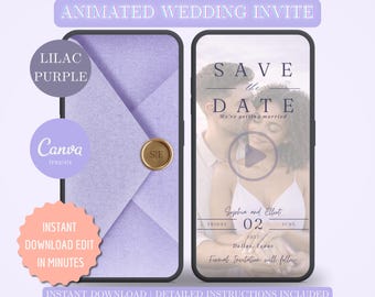 Lilac Purple Animated Save The Date Video Invitation, Wedding Date, DIY Canva Template Design, Celebration Invite,E-vite, Dusty, Wedding MP4