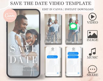 Digital Save The Date Video • Editable Canva Evite • Animated Wedding Announcement • Phone Message Template • Text Message & Photo Reveal