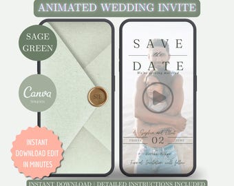 Sage Green Animated Save The Date Video Invitation, Wedding Date, DIY Canva Template Design, Celebration Invite,Evite, Dusty, Wedding MP4