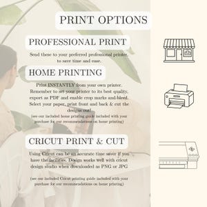 May include: A graphic with the text "PRINT OPTIONS" and options for professional printing, home printing, and Cricut print & cut. Includes illustrations of a shop, printer, and Cricut machine. The background is a light beige with a leaf.