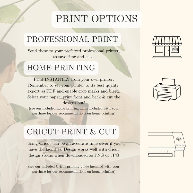 May include: A graphic with the text "PRINT OPTIONS" and options for professional printing, home printing, and Cricut print & cut. Includes illustrations of a shop, printer, and Cricut machine. The background is a light beige with a leaf.