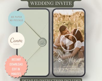 Animated Wedding Invitation Video, Wedding Date, DIY Canva Template Design, Celebration Invite,  Modern E-vite, Sage Dusty Green Wedding MP4