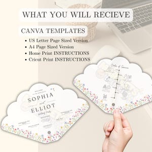 May include: Two white, fan-shaped wedding programs with floral borders. One program displays the names "SOPHIA and ELLIOT" and wedding details. The other shows an order of service timeline. Text includes "CANVA TEMPLATES".