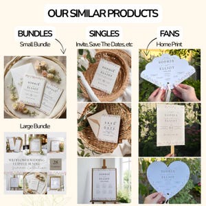 May include: A display of wedding stationery, including invitations, details cards, and save-the-date cards. The designs feature floral accents and the names "Sophia Elliot." Bundles, singles, and fan-shaped cards are shown.
