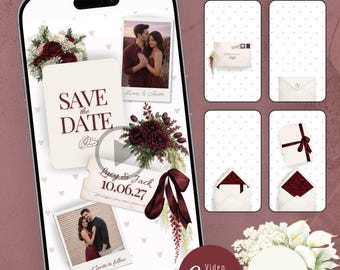 Burgundy Rose Floral Save The Date Video Template, Editable Canva Wedding Invite, Instant Download, Red Animated Boho Digital Movie
