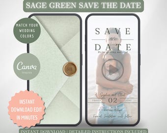 Sage Dusty Green Animated Save the Date Video – Canva Template Evite, Modern Wedding Digital Invitation, Online Save our Date, DIY Editable