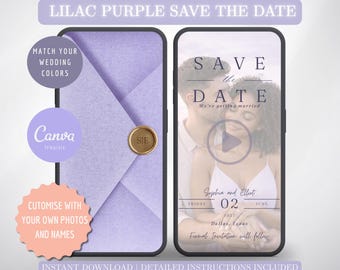 Lilac Purple Animated Save the Date Video – Canva Template Evite, Modern Wedding Digital Invitation, Online Save our Date, DIY Editable