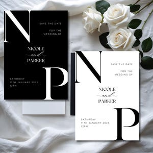 May include: Black and white save the date cards with the text "Save the Date for the Wedding of Nicole and Parker" and the date "Saturday, 11th January 2025, 12PM".