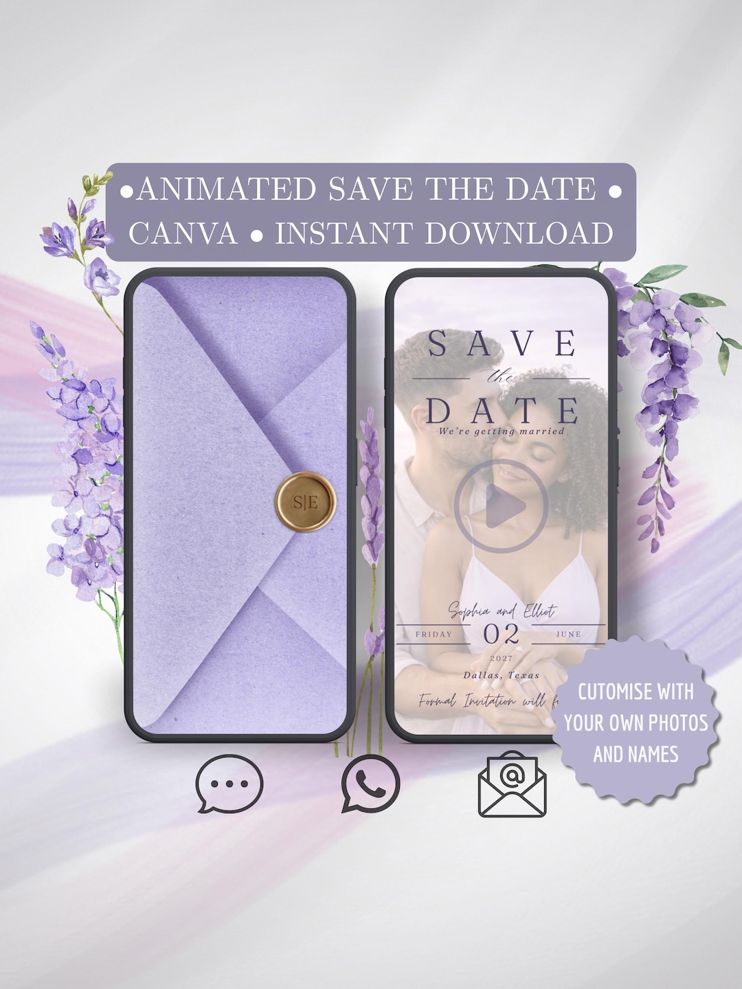 Save The Date Video Invitation, Lilac Purple Animated Wedding Date, DIY Canva Template Des