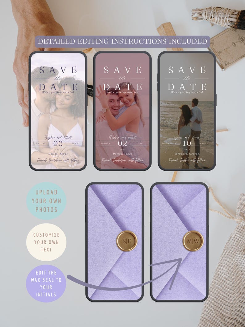 May include: A collection of digital wedding invitation templates displayed on smartphones. The designs feature "Save the Date" text, couple photos, and event details. Additional elements include customizable text options and wax seal designs.