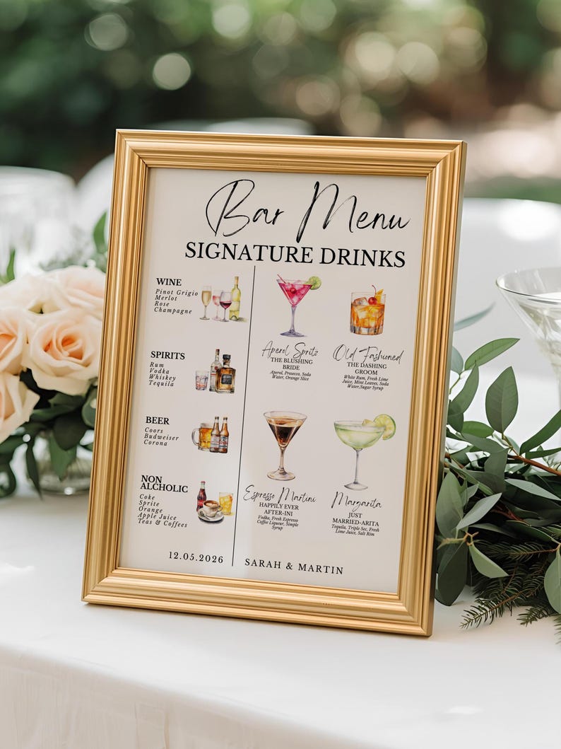 May include: A gold framed bar menu with the text "Bar Menu Signature Drinks". The menu includes illustrations of cocktails, wine, and spirits. The date "12.05.2026" and names "SARAH & MARTIN" are also displayed.