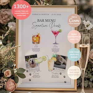 May include: A framed bar menu with a gold border, featuring signature drink illustrations and pet photos. The menu includes the text "Bar Menu Signature Drinks" and options to customize with pet images and drinks. The menu is surrounded by flowers.