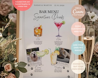 Pet Bar Menu Template | Dog & Cat Signature Drink Sign | Editable Canva Wedding Bar Sign | Custom Pet Cocktail Menu Printable | Watercolor