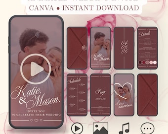 May include: A digital wedding invitation design featuring a series of burgundy-colored phone screens. The main screen displays a couple with the text "Katie & Mason" and "Invite you to celebrate their wedding." Additional screens show details, schedule, and RSVP information.
