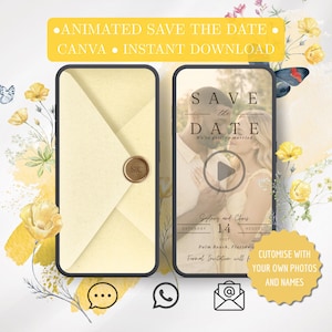 Könnte beinhalten: Zwei Smartphone-Mockups zeigen ein Hochzeitskarten-Design. Eines zeigt einen cremefarbenen Umschlag mit einem goldenen Siegel. Das andere zeigt ein Foto eines Paares mit dem Text "Save the Date". Blumenakzente und Text sind enthalten.