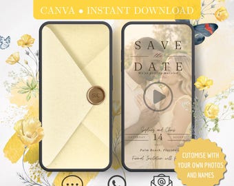 Save The Date Video Invitation - Butter Yellow Animated Canva Template Celebration Invite, Spring Garden Wedding